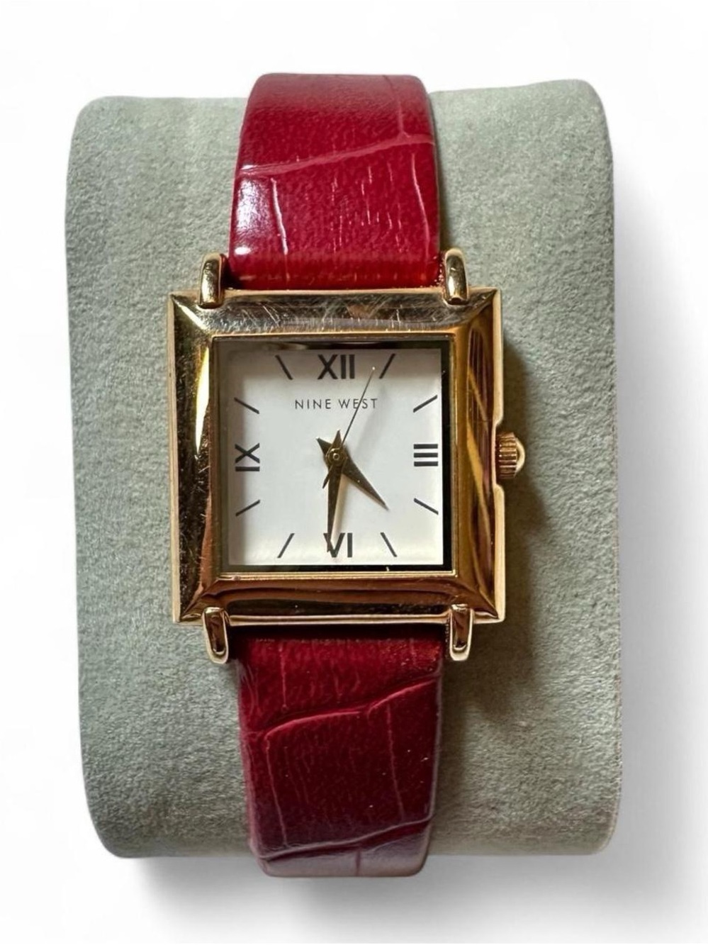 Vintage 1990s Nine West Red Leather Strap Gold-Tone Square Watch